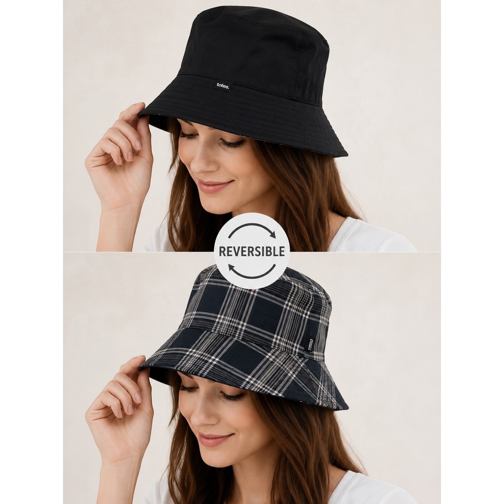 Totes Reversible Bucket Hat Black Plaid One Size Water Resistant Rain Sun Hat